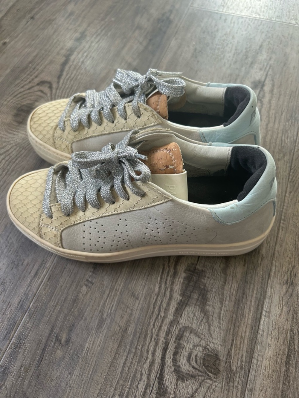 P448 Beige Sneakers with Silver Glitter Laces and Light Blue Heel